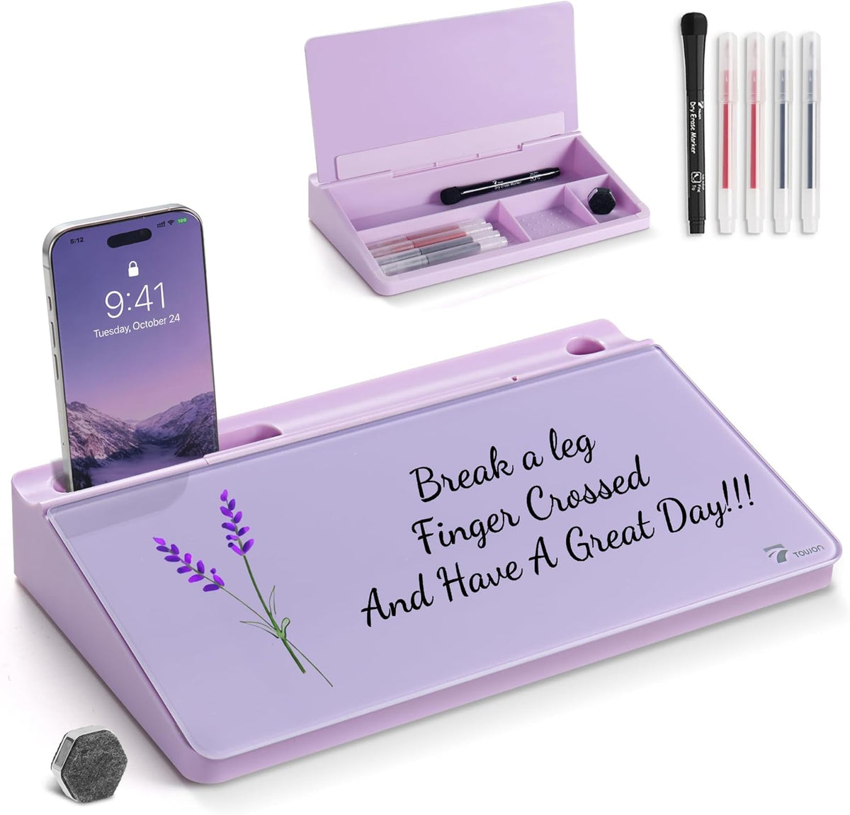 TOWON Compact Glass Desktop Whiteboard with Storage 12x7 in, Lavender