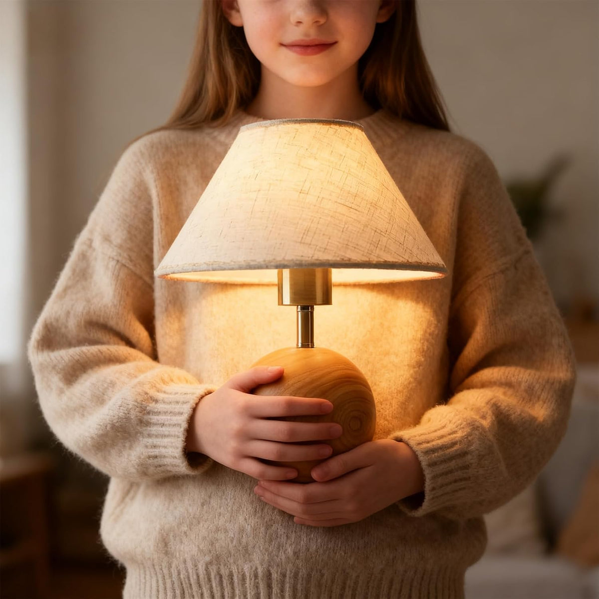 Wood Table Lamp for Bedroom, Flaxen Fabric Shade Small Desk Lamp for Living R...