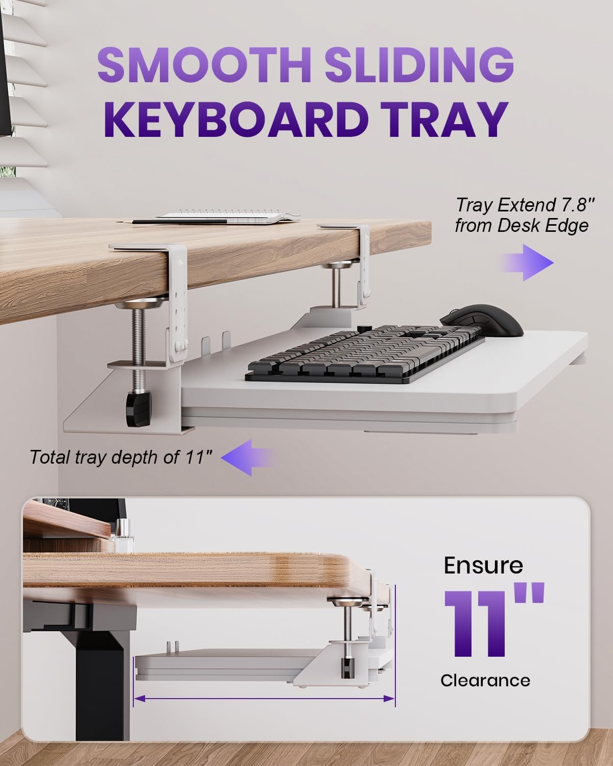 Ergonomic Keyboard Tray Under Desk, 25.6x11.8 Inch Board, White