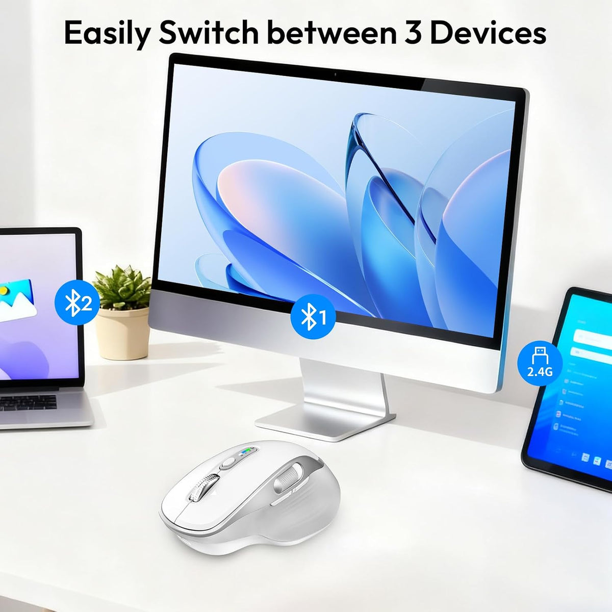 Rechargeable Wireless Mouse with Side Scroll Bluetooth Mouse -White