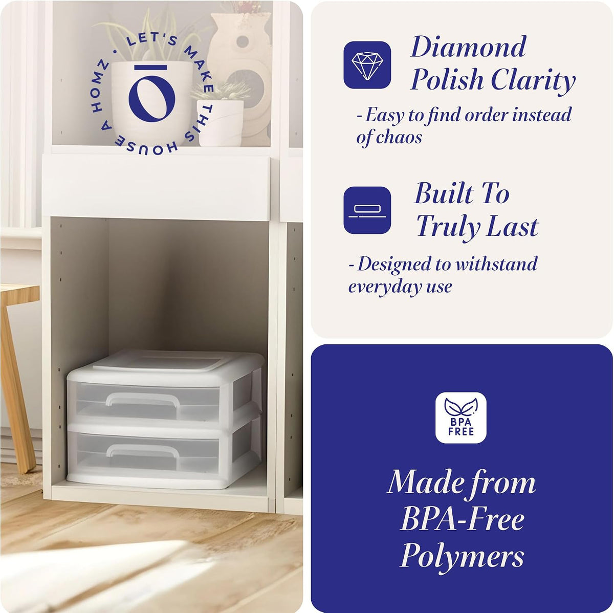 HOMZ 2 Drawer Storage Cart, Wide Plastic Container, White Frame, 2 Pack