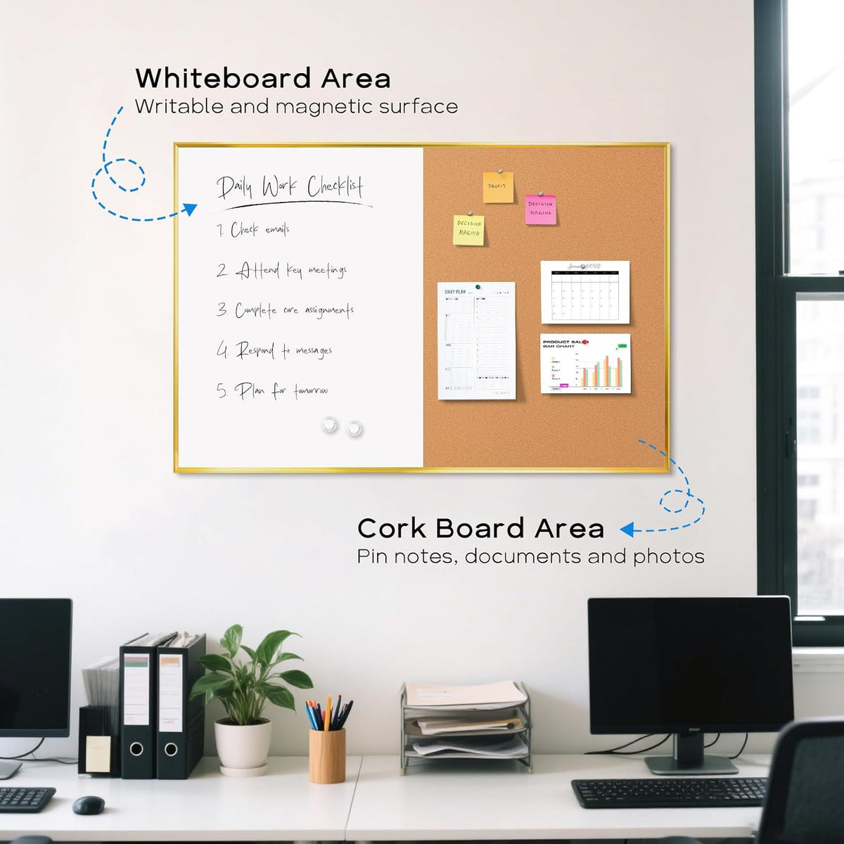 Magnetic Dry Erase White Board & Cork Board Combo, 24"x18", Wal...
