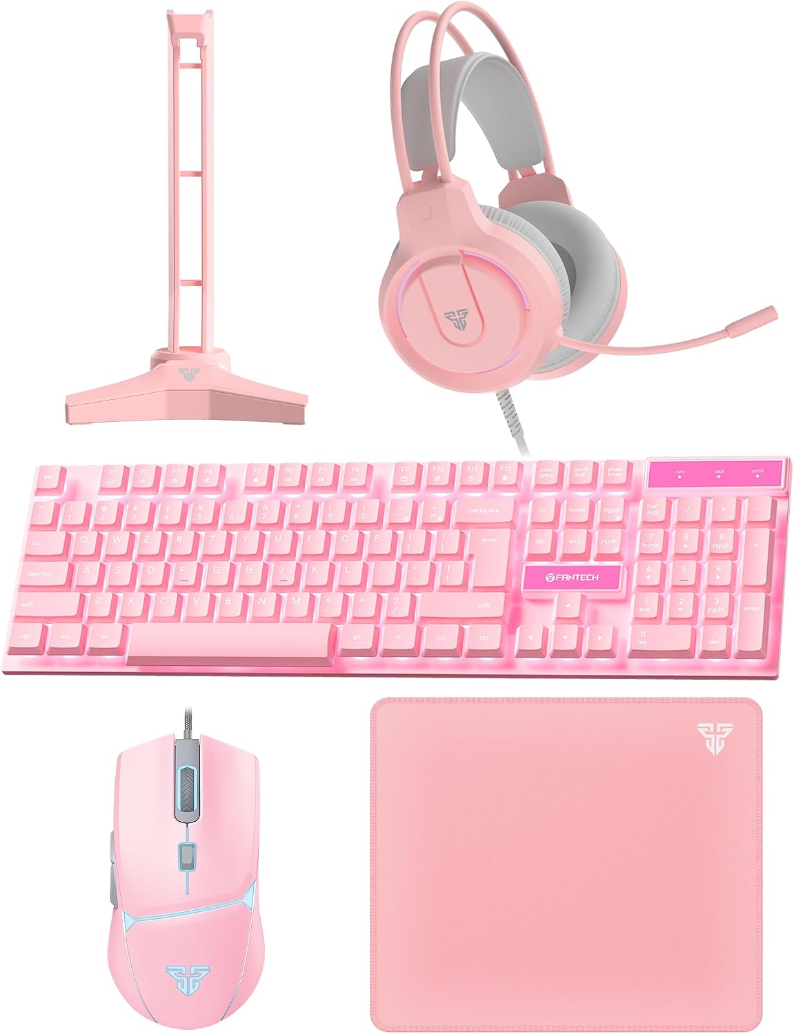 FANTECH P51S 5-in-1 Gaming Bundle: RGB Keyboard Mouse Headset Stand Pad, Pink