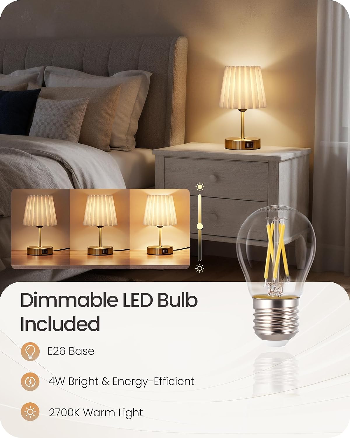 Small Bedside Table Lamps Set of 2, Touch Dimmable Table Lamps with USB Ports...