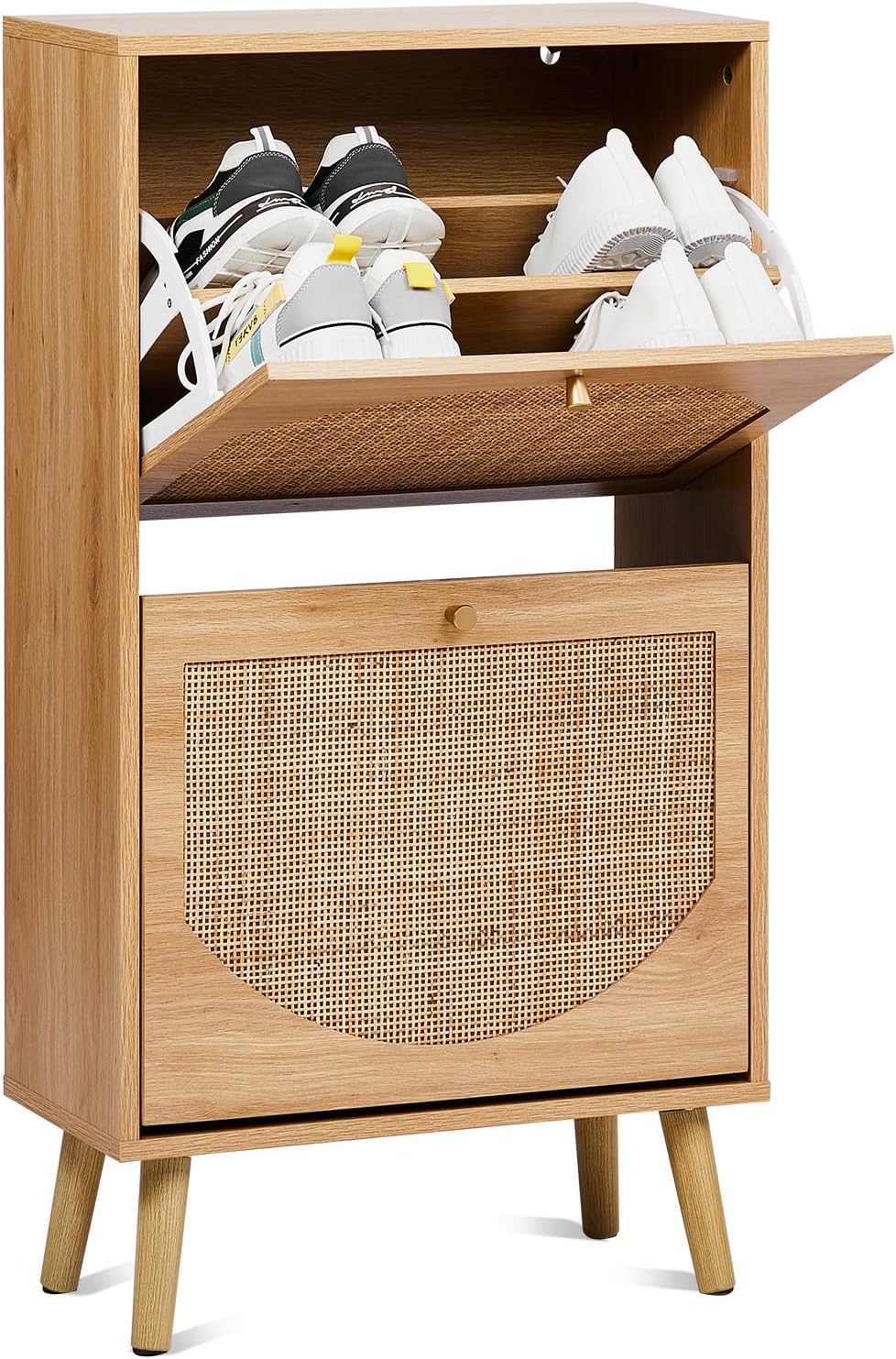 Karl home Natural Rattan Shoe Cabinet, 2 Flip Drawer Entryway Organizer