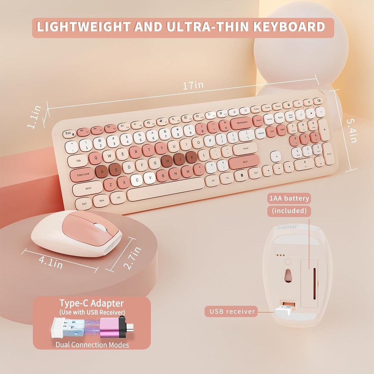 SkyGive Wireless Keyboard and Mouse Combo, Colorful Ergonomic Full Size Retro...