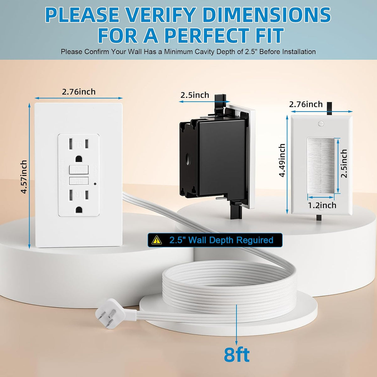 in Wall Cable Management Kit - Outlet Extender - 2AC GFCI Outlet 15amp, Recep...