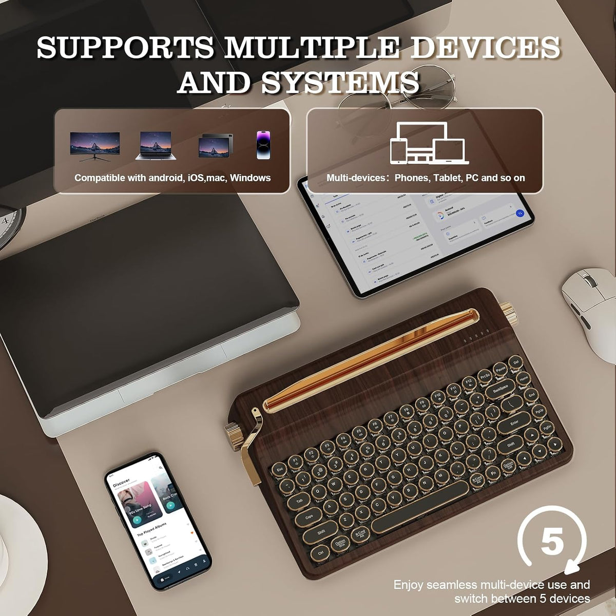 YUNZII QL75 Retro Typewriter Hot Swap RGB Keyboard(Wood, Cocoa V2)