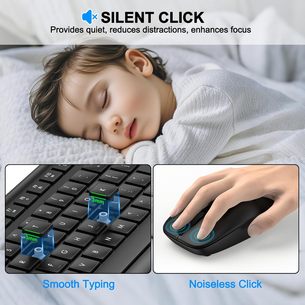 Wireless Keyboard and Mouse Combo, Full-Size Silent Ergonomic Keyboard and Op...