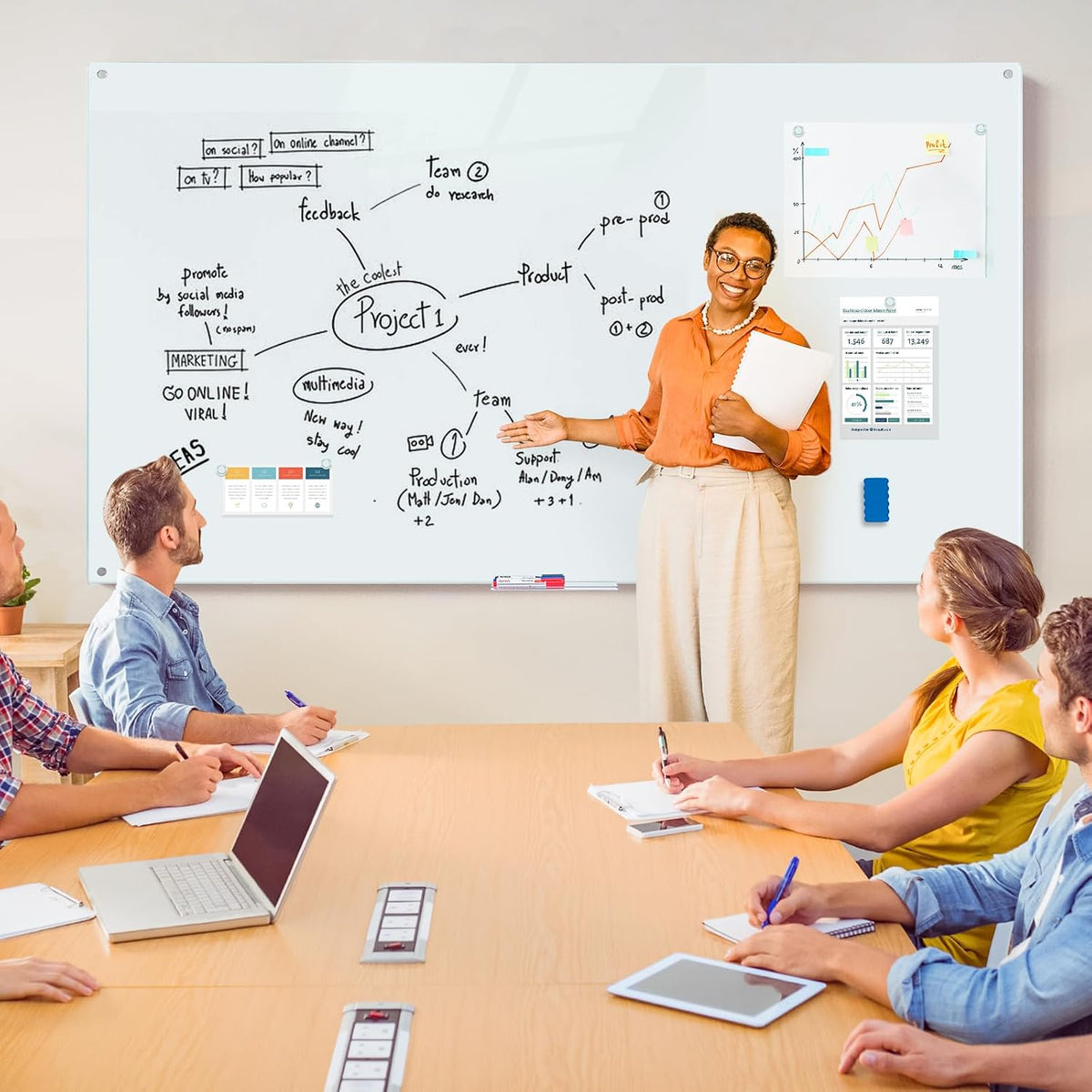 Maxtek Magnetic Glass Whiteboard 72 x 48 in, Frameless Glass Board for Wall