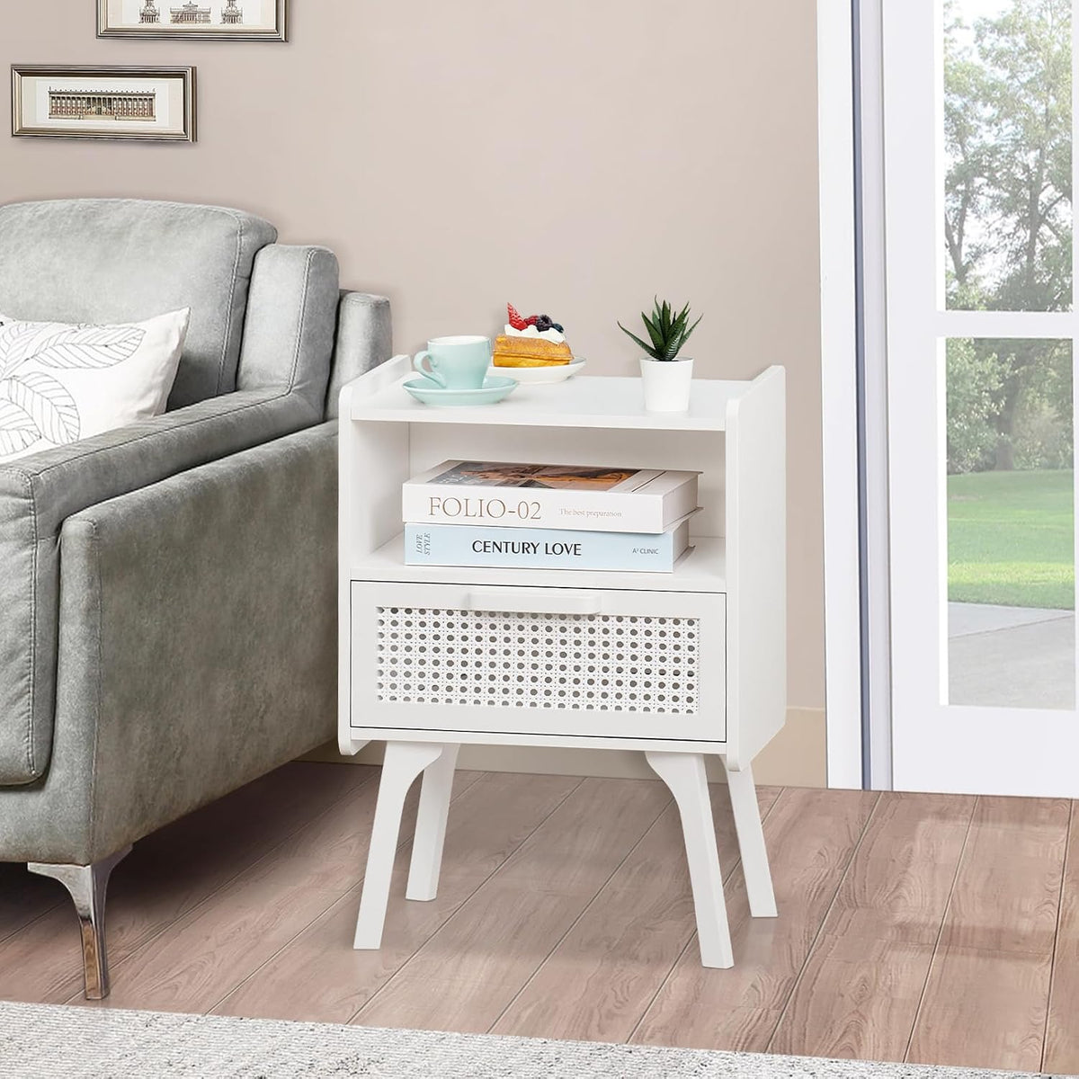 Lerliuo Rattan Nightstand, Side Table with Drawer Open Shelf