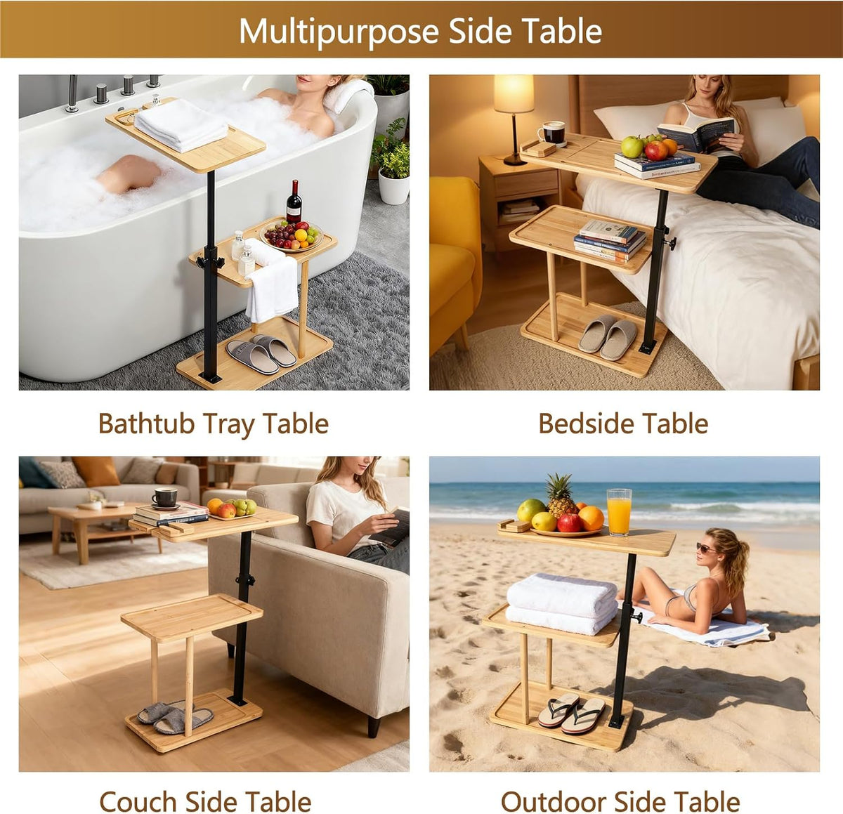 3 Layer Bathtub Tray Table,Bamboo Swivel Bathtub Side Table Height Adjustable...