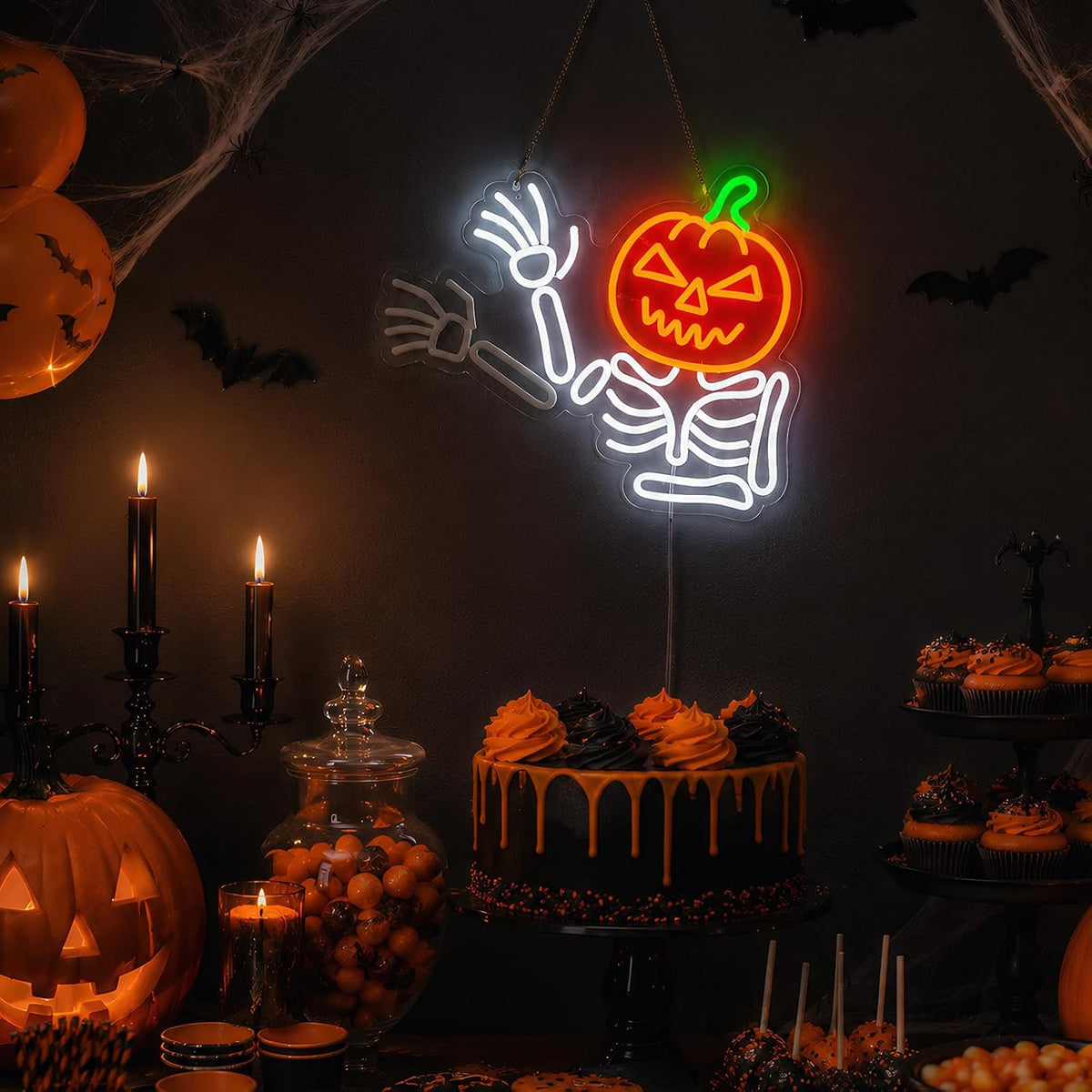 Waving Pumpkin Skeleton Neon Sign, Flashing Halloween Neon Sign, Dimmable Sku...