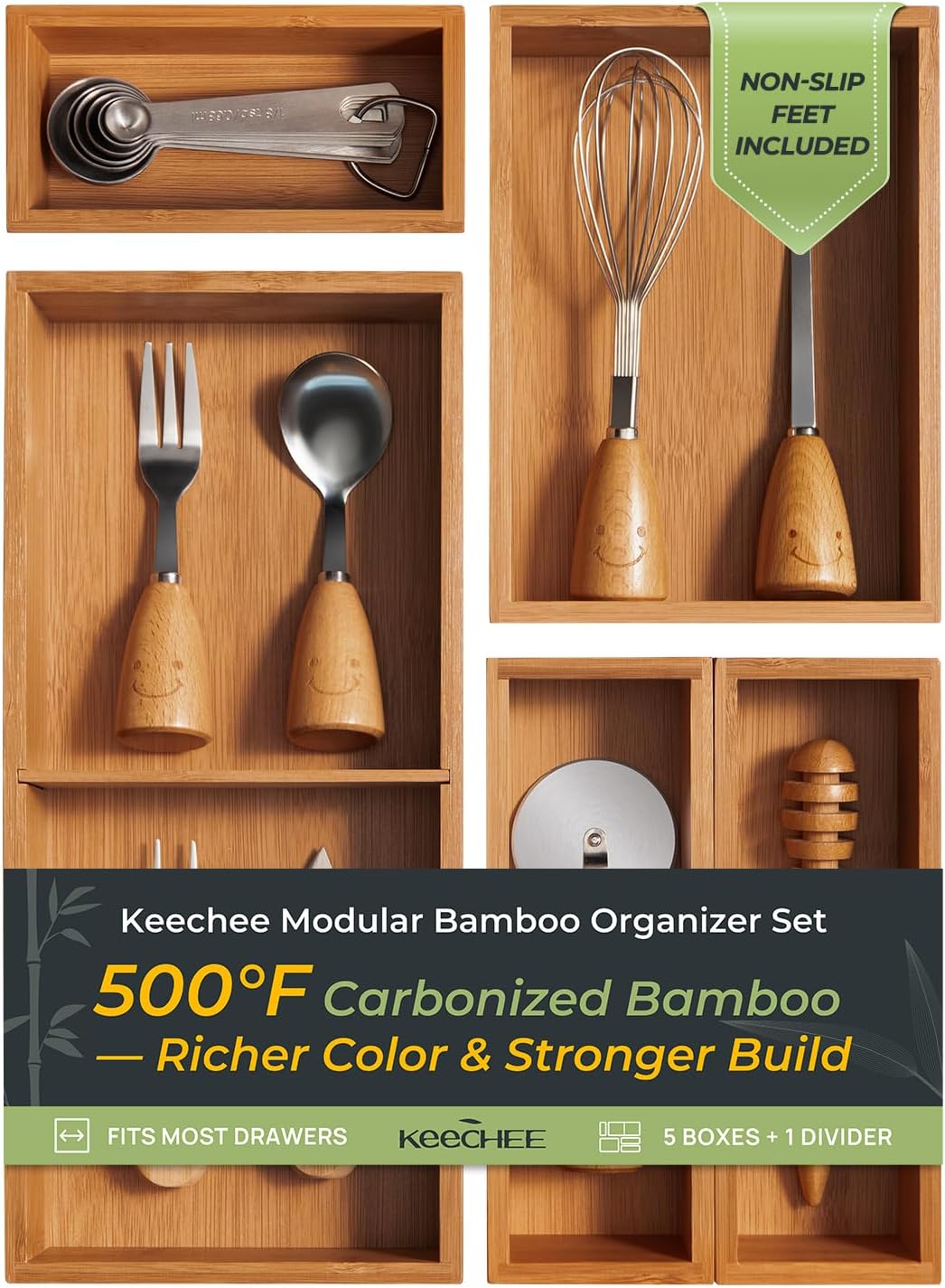 keechee 5-Piece Bamboo Drawer Organizer Set, 2.2" Deep Multi-Use Organiz...