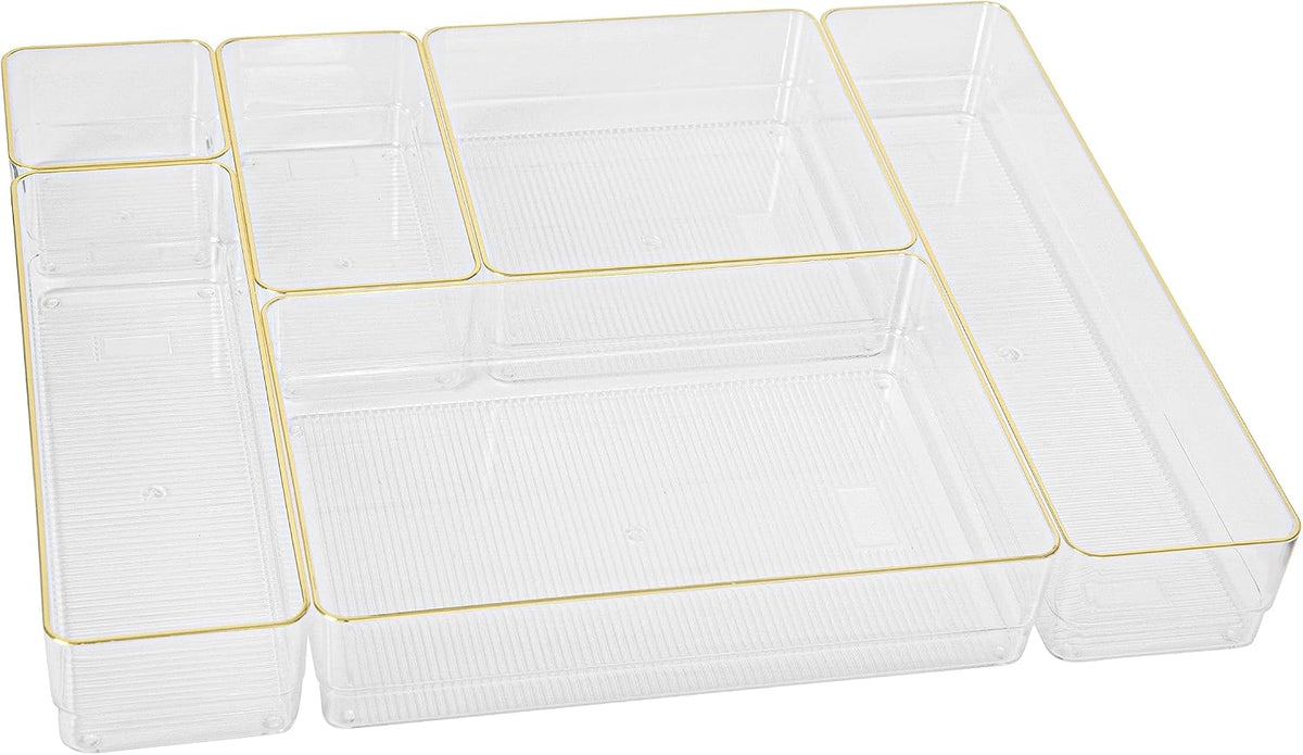 Martha Stewart Kerry Stackable Desk Drawer Organizers, Clear/Gold, 6-Pack