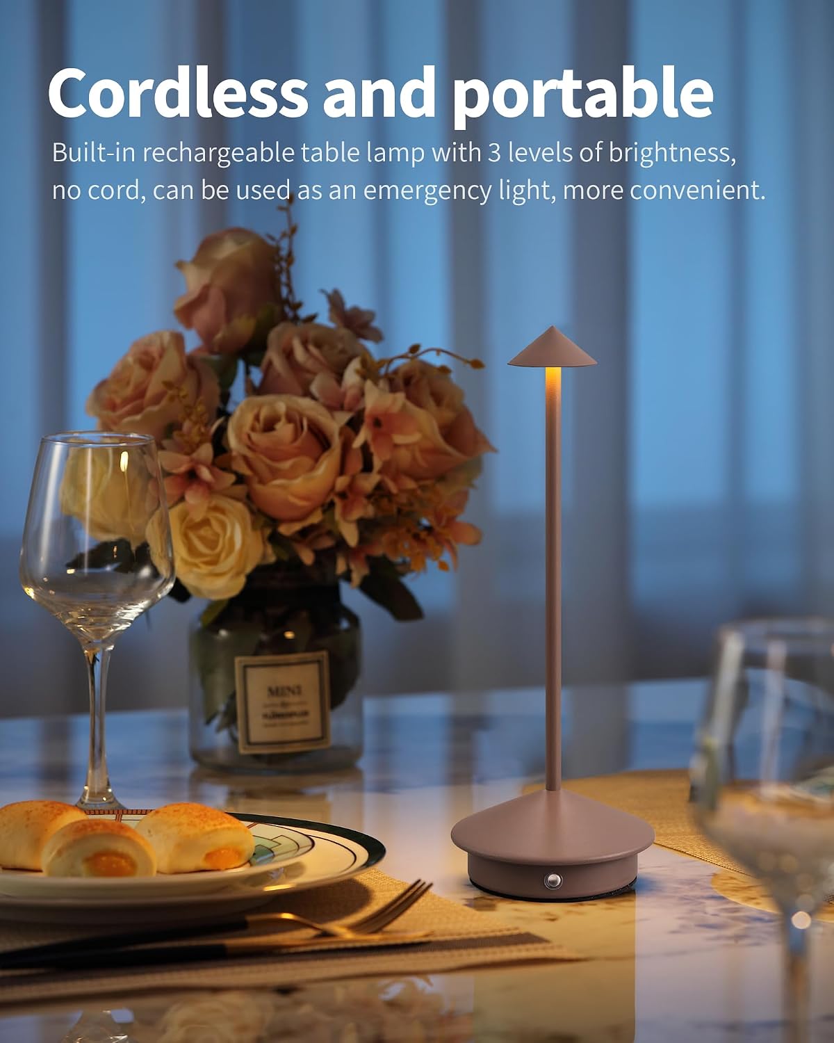 Modern Cordless Table Lamp Set of 2, Brown Portable LED Desk Lamps