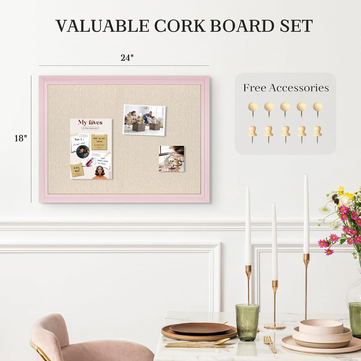 Large Pink Wood Framed Cork Board with Linen, 24" x 18"