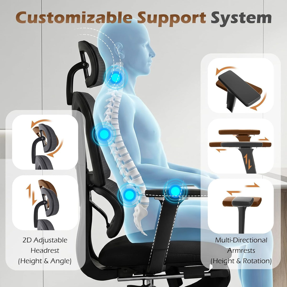 Ergonomic Office Chair with Footrest and Dynamic Lumbar Support, Black