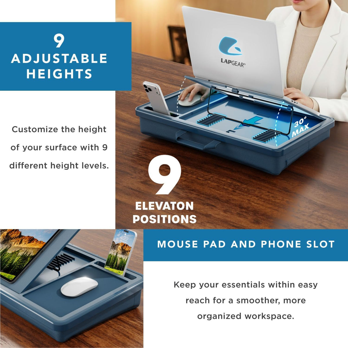 LAPGEAR Ergonomic Pro Lap Desk – Denim Blue, Fits 15.6" Laptops