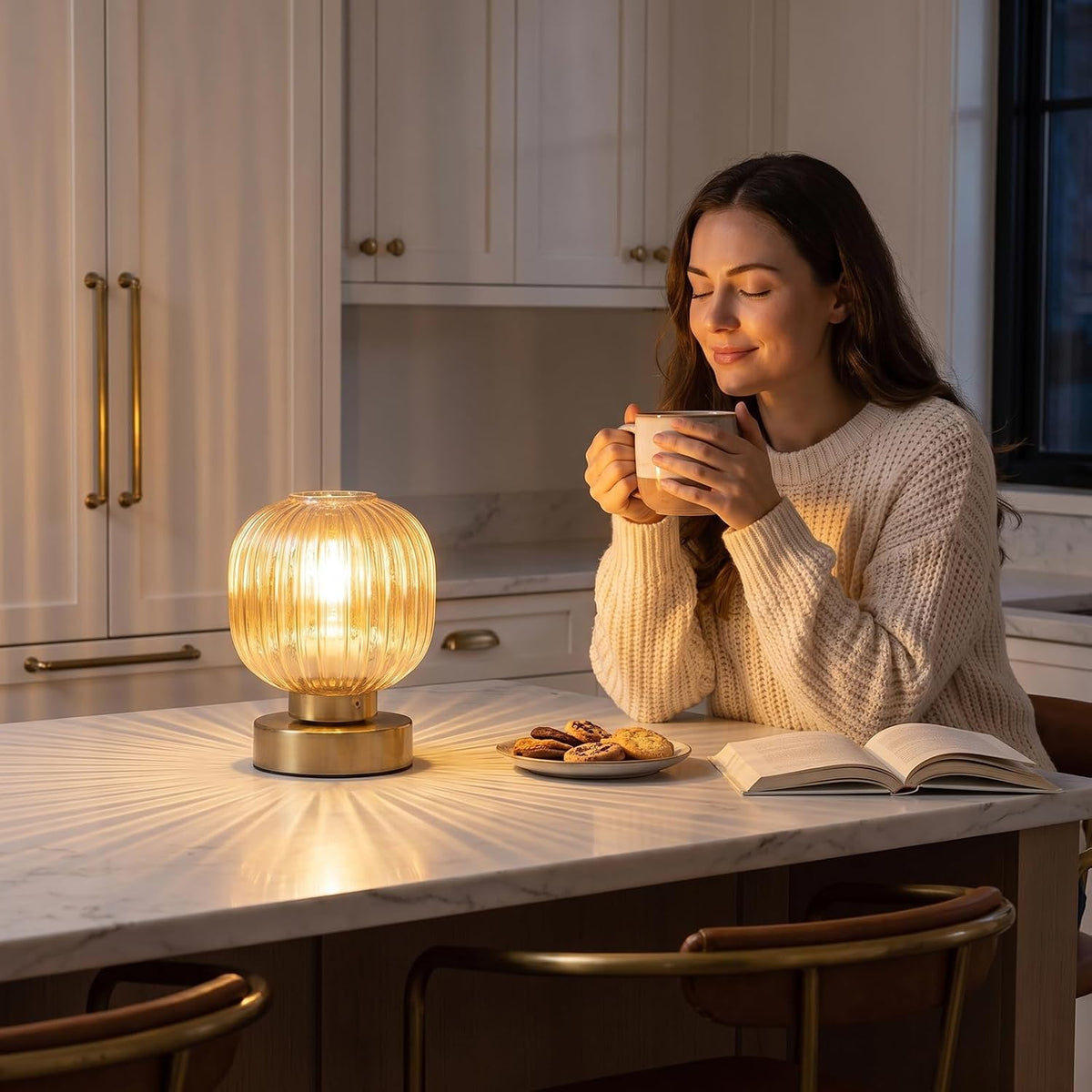 Elenhome Amber Touch Glass Table Lamp, 3-Way Dimmable Bedside Lamp, Vintage M...