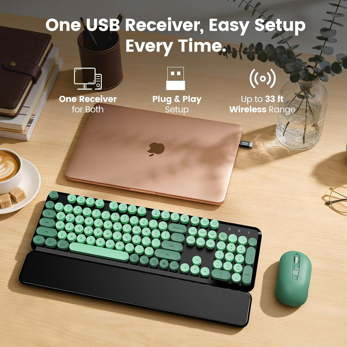 Wireless Keyboard Mouse, Magnetic Wrist Rest, Round Keycaps, Green & Black