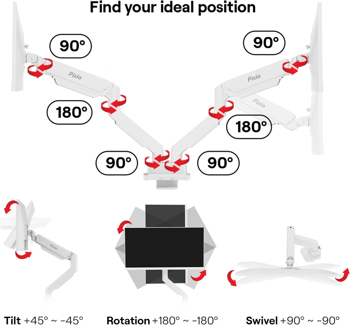 Pixio PS2D White Ultrawide Heavy-Duty Premium Dual Monitor Arm Stand Desk Mou...