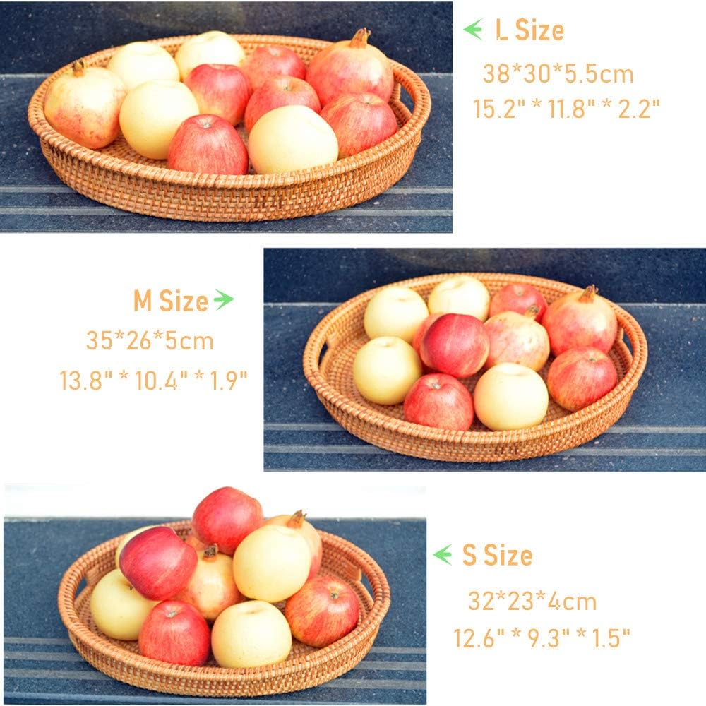 3 Pack Handmade Oval Woven Basket Tray, 15 Inch Rattan Storage Baskets with H...