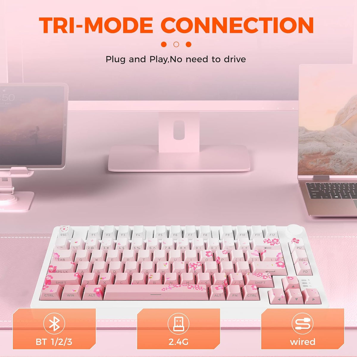 DAREU EK75PRO Sakura Pink 75% Wireless Mechanical Gaming Keyboard with Knob