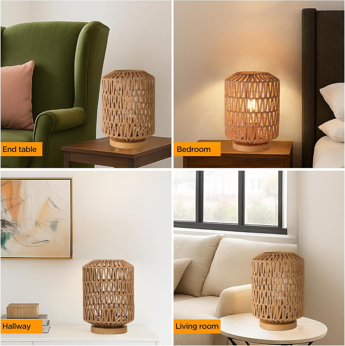 Farmhouse Rattan Table Lamp, Rattan Wicker Table Lamp Metal Base, Handmade Bo...