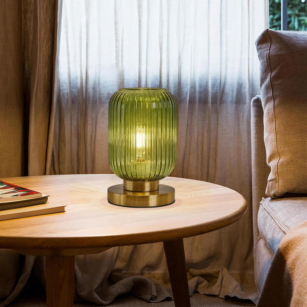 Green Glass Table Lamp,Vintage Gold Base Ribbed Bedside Lamp