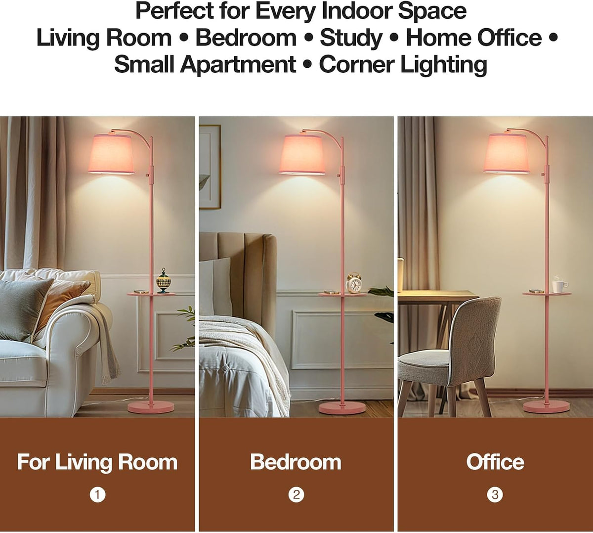 AIDENOEY Pink Floor Lamp with Table, Dimmable Standing Lamp, Living Room