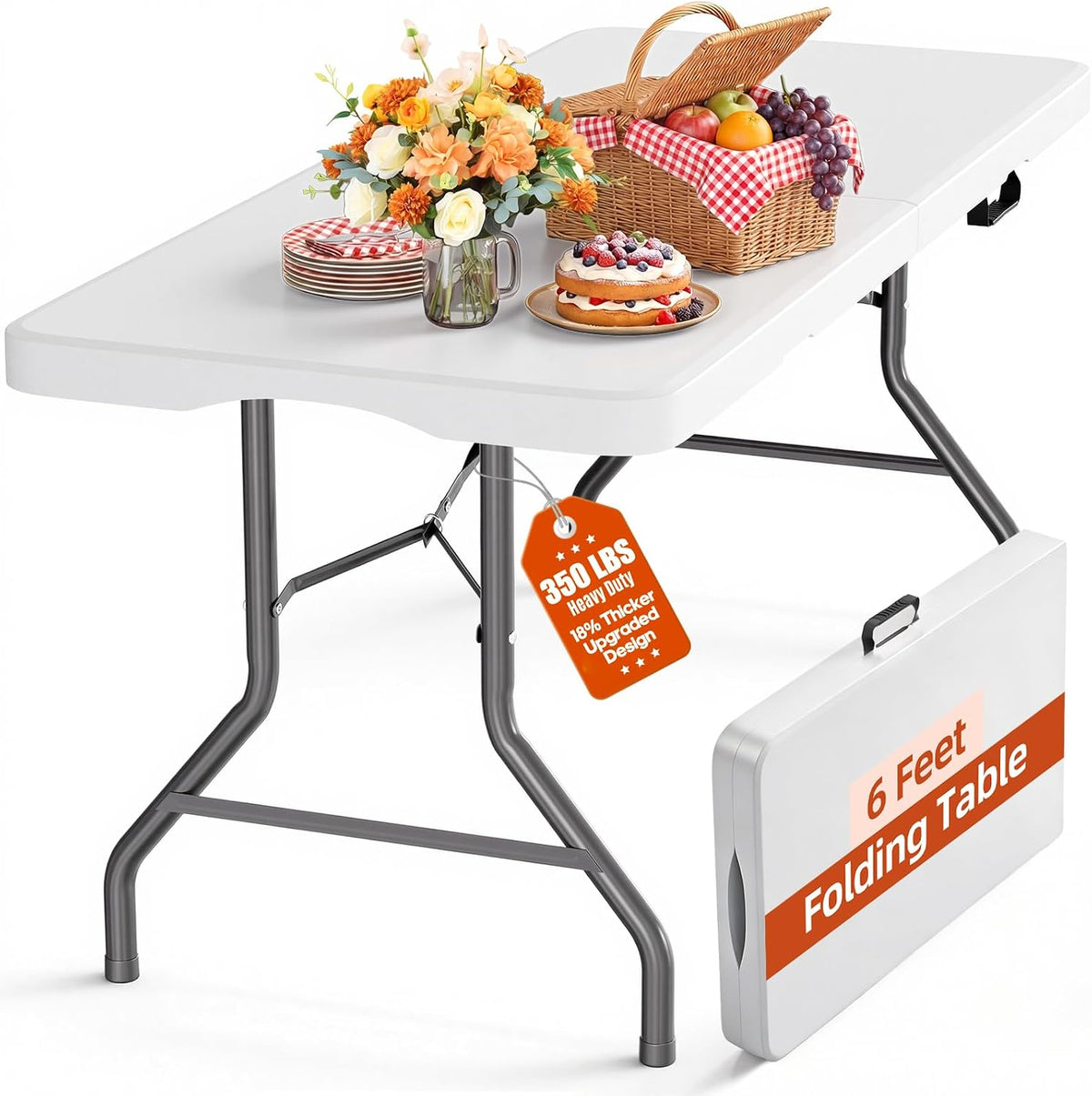 6ft Folding Table Heavy Duty 350 LBS Capacity Foldable Table with 18% Thicker...
