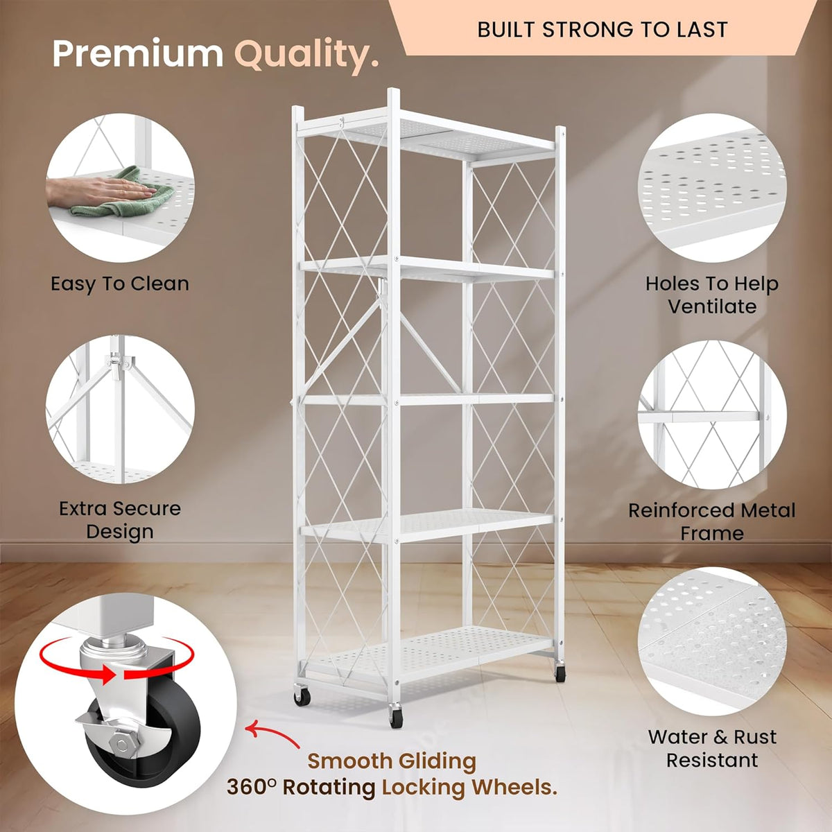Our Modern Space 5-Tier Foldable Storage Shelf with Wheels | Metal Rack Colla...