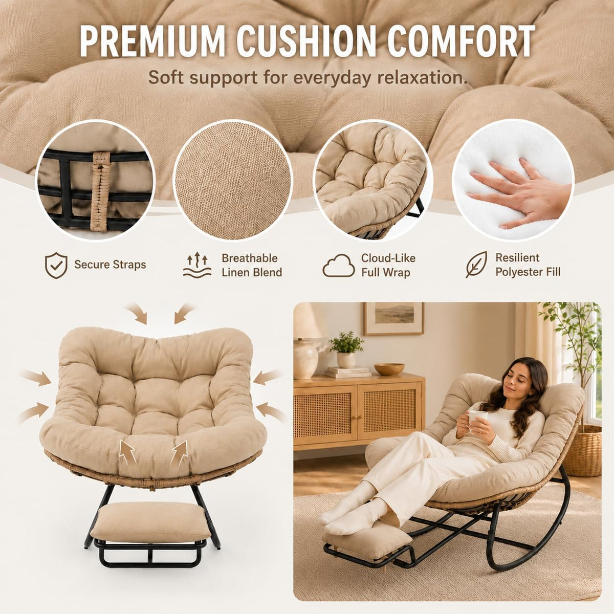 Oversized Rocking Chair with Zero-Gravity Foot Rest & Ottoman, Comfy Loun...