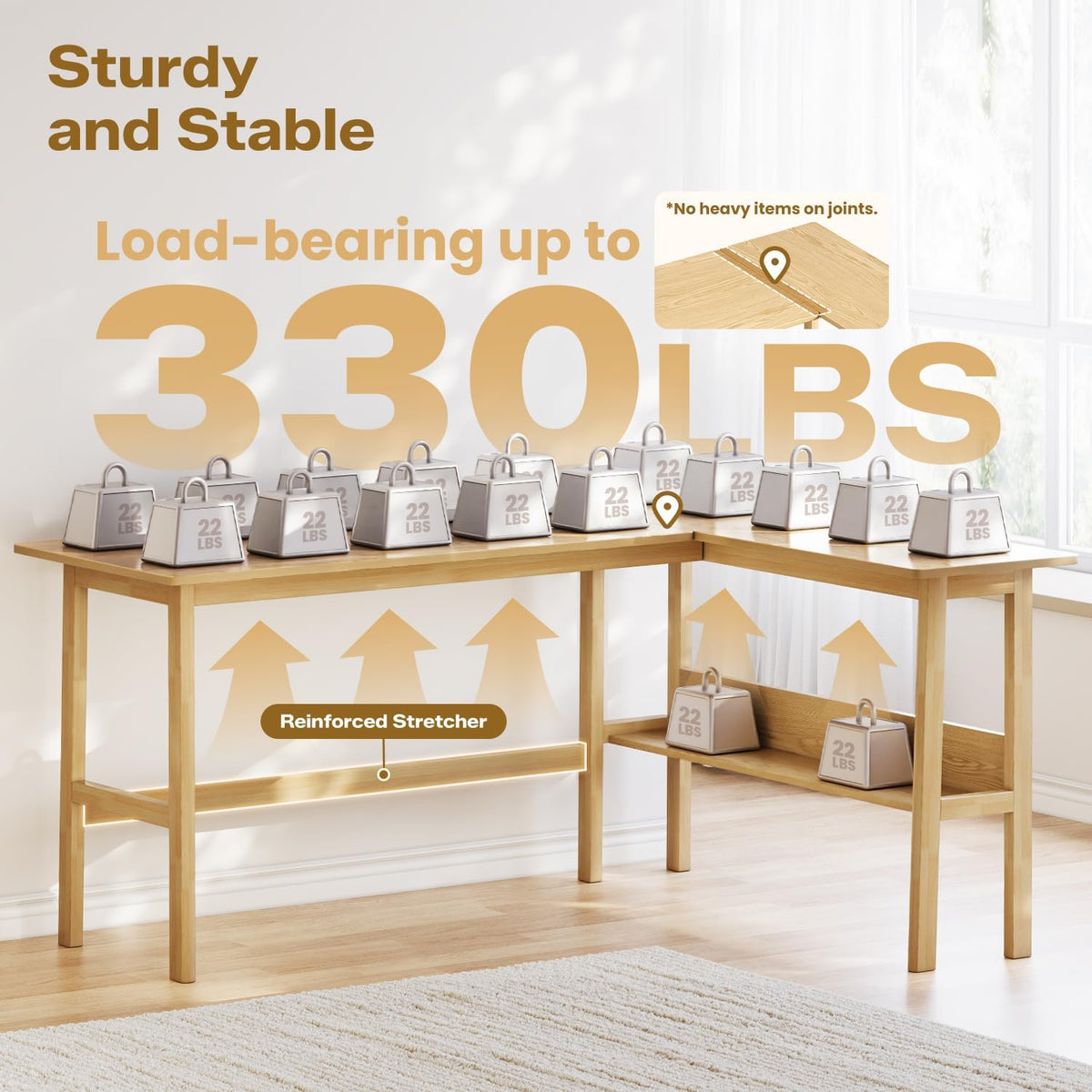 NELYE 63" Reversible L Shaped Desk with Shelf for Home Office, Oak