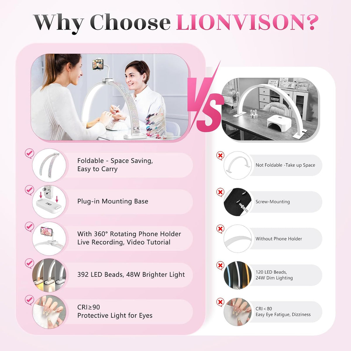 Half Moon Light for Nail Desk: 31" Manicure Table Light with Phone Holder