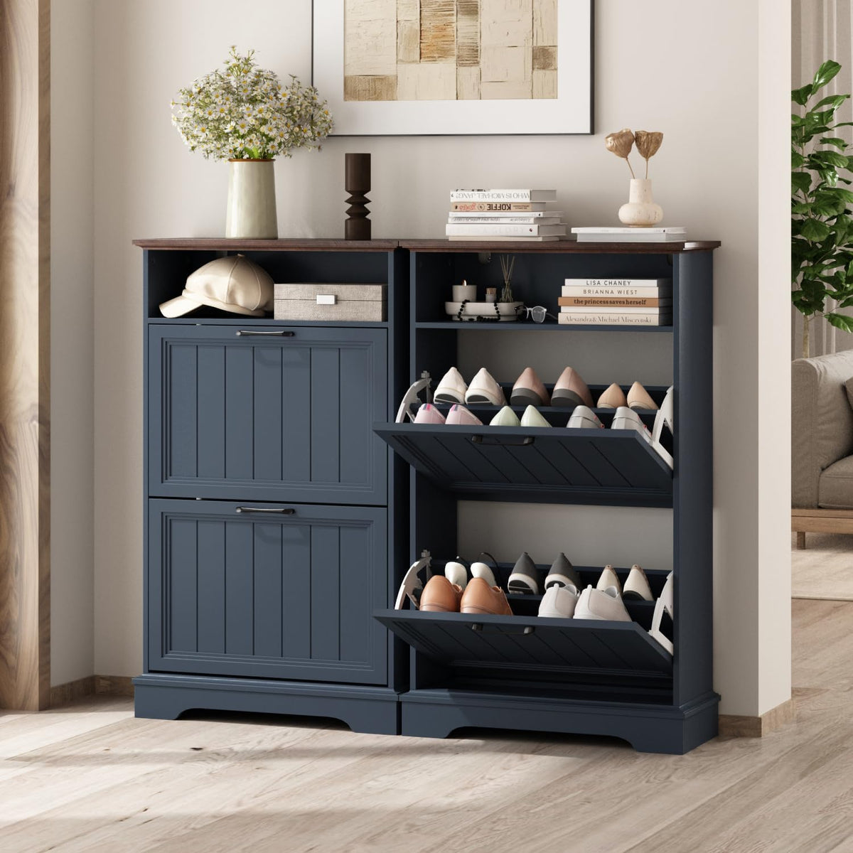 24" W Hidden Shoe Storage Cabinet with 2 Flip Drawers & Open Storage