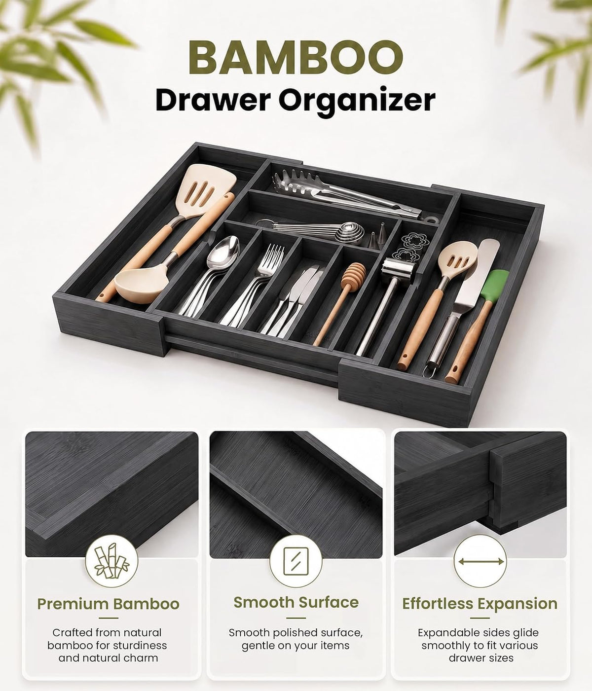 Expandable Bamboo Silverware Organizer, Kitchen Utensil Drawer Organizer