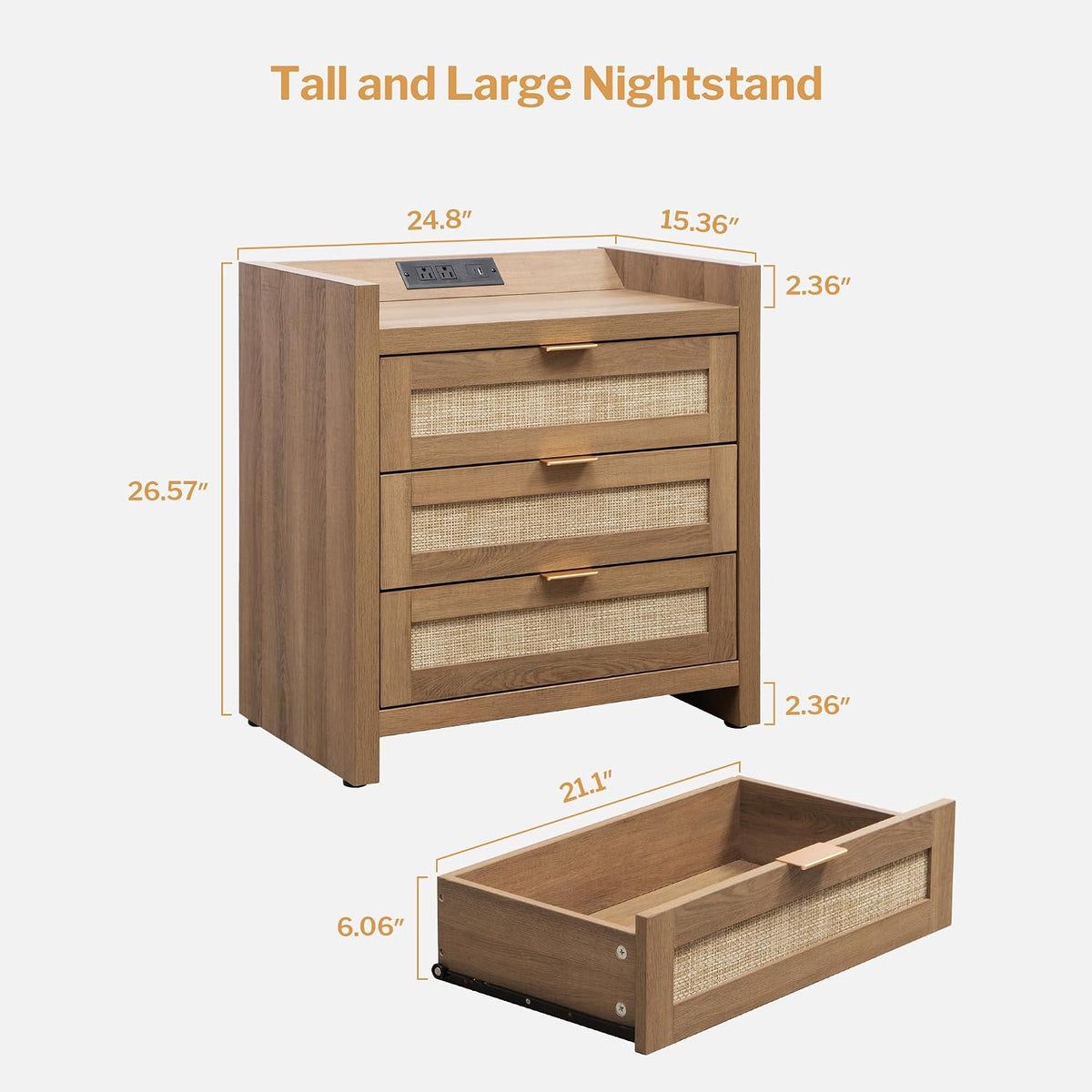 SICOTAS Rattan Nightstand for Bedroom, Bedside Table with 3 Large Drawers