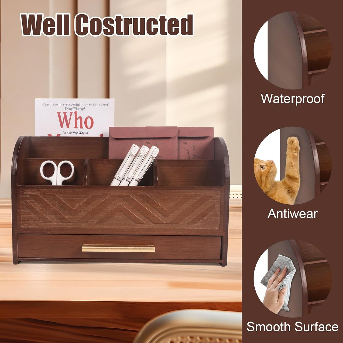 Brown Desktop Organizer with Drawer Storage, White Desk Organizer Mail Holder...
