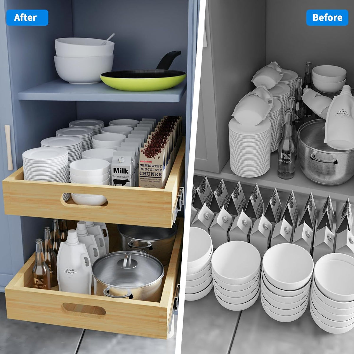 2 Set Pull Out Cabinet Organizer, Soft Close Slide Out Wood Drawer Storage Sh...