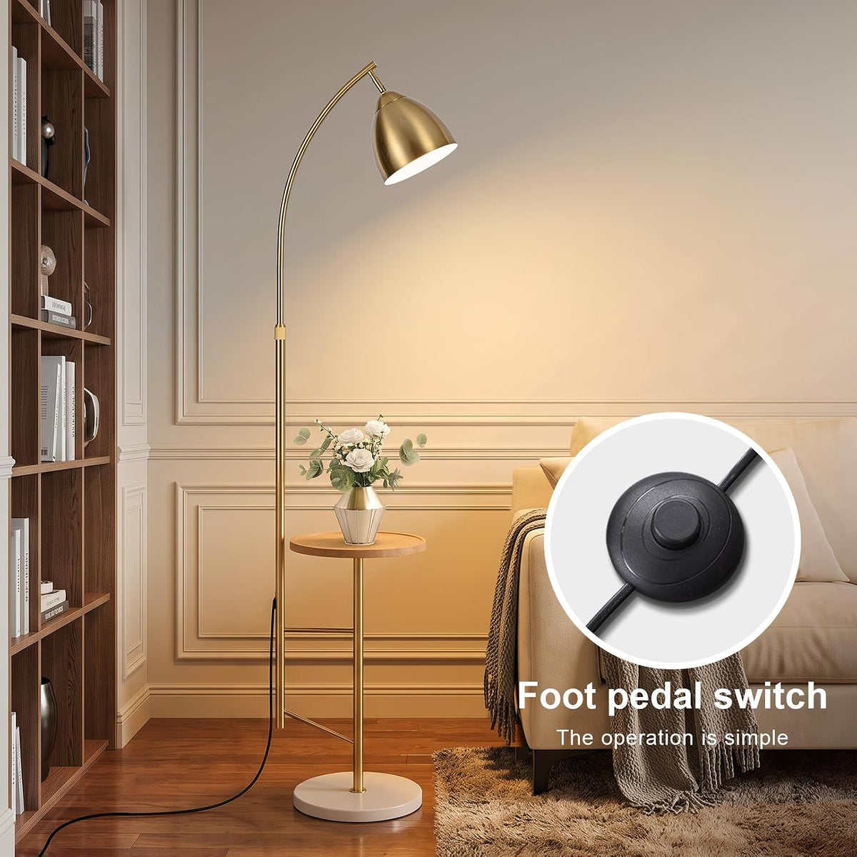 Brushed Gold Standing Lamp with Table, Adjustable Head,Bulb Included