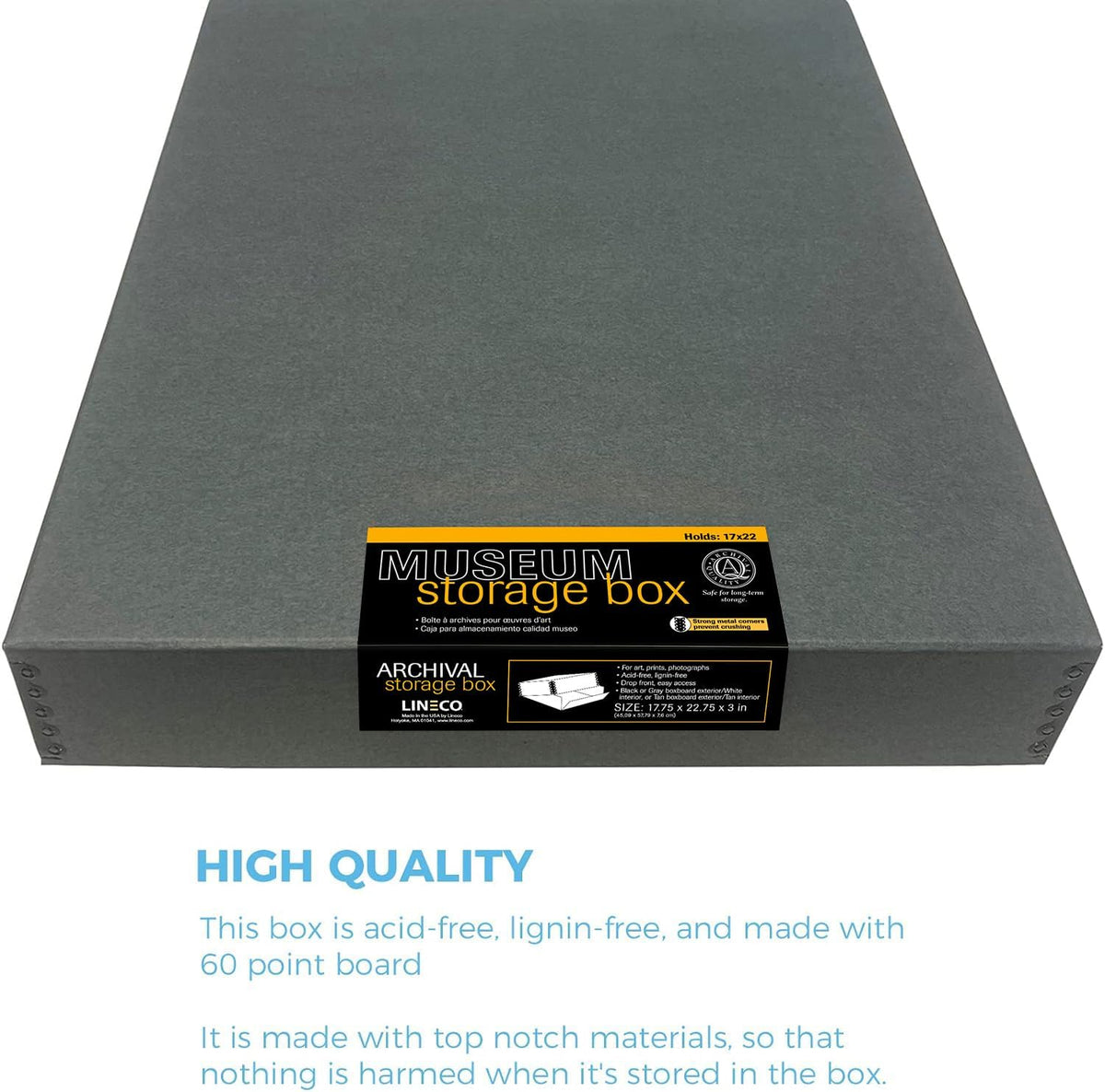 Lineco Museum Archival Storage Box, Drop Front, 17.75x22.75x3 in, Gray