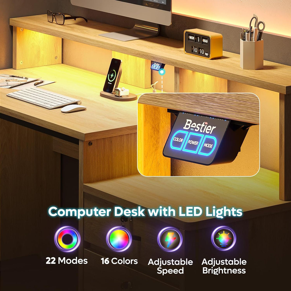 Bestier 55-Inch Computer Desk with Power Outlets & LED Lights, Natural Oak
