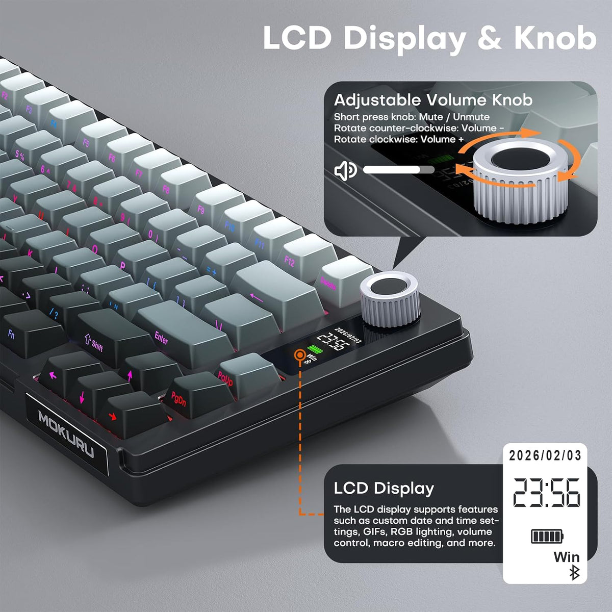 MOKURU Wireless Mechanical Keyboard, Three Mode BT/2.4G/USB-C, RGB Switching,...