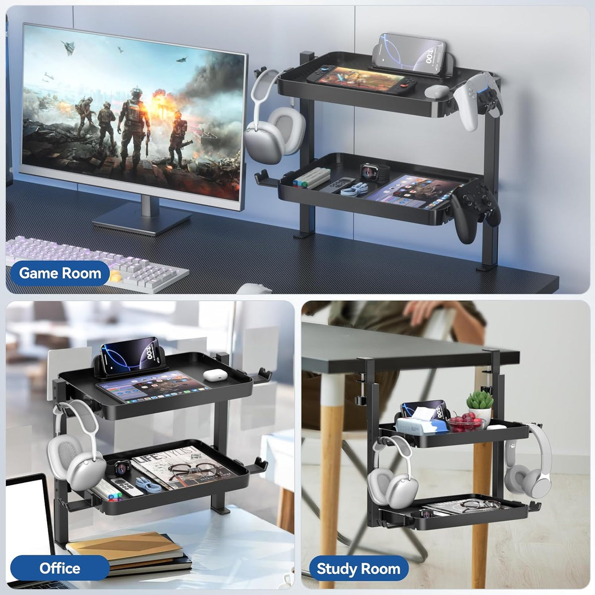 KDD Clamp On Desk Organizer - Adjustable 2-Tier Above or Under Desk Shelves w...