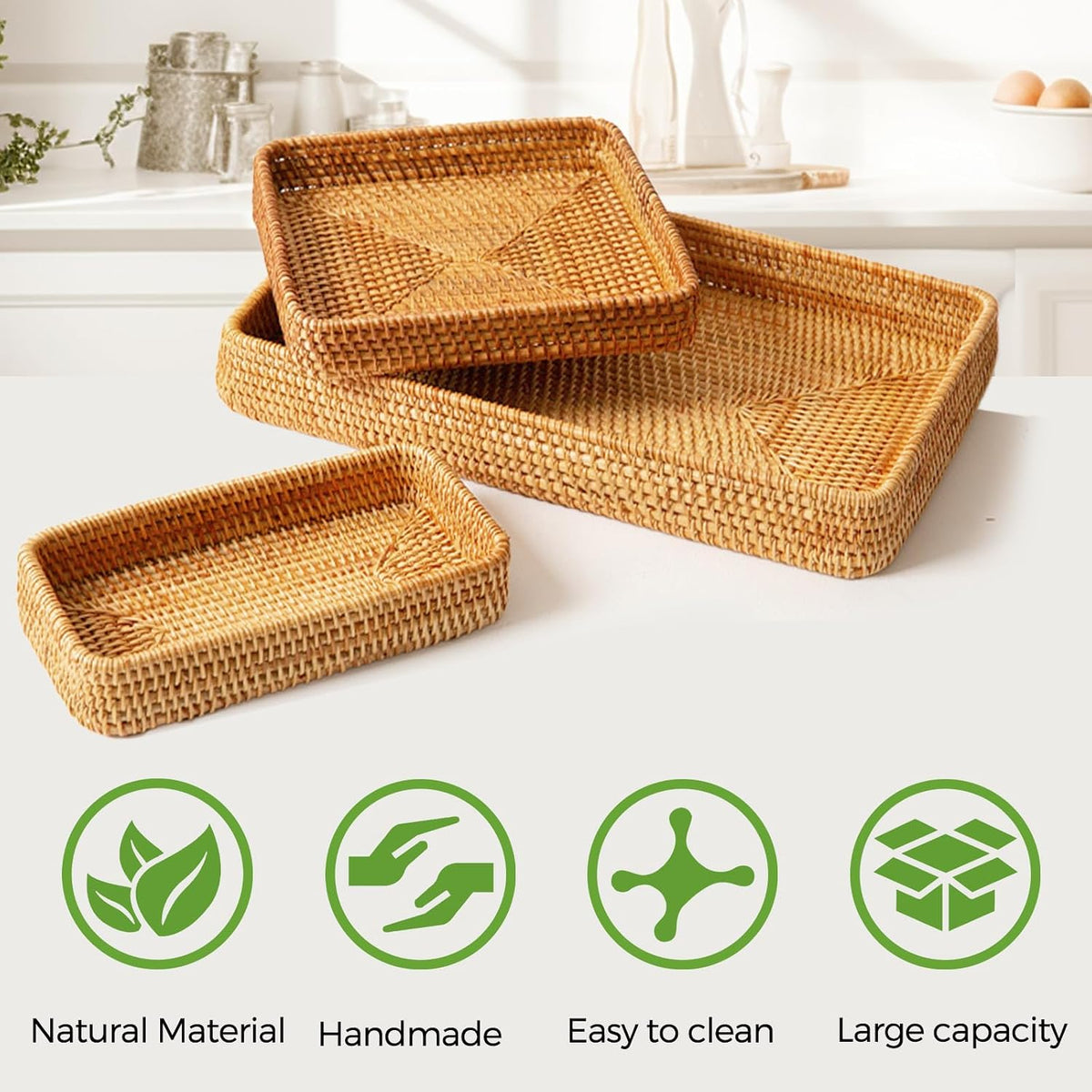 Rattan Serving Tray,Rectangle Wicker Storage Basket Set of 3 for Organizing