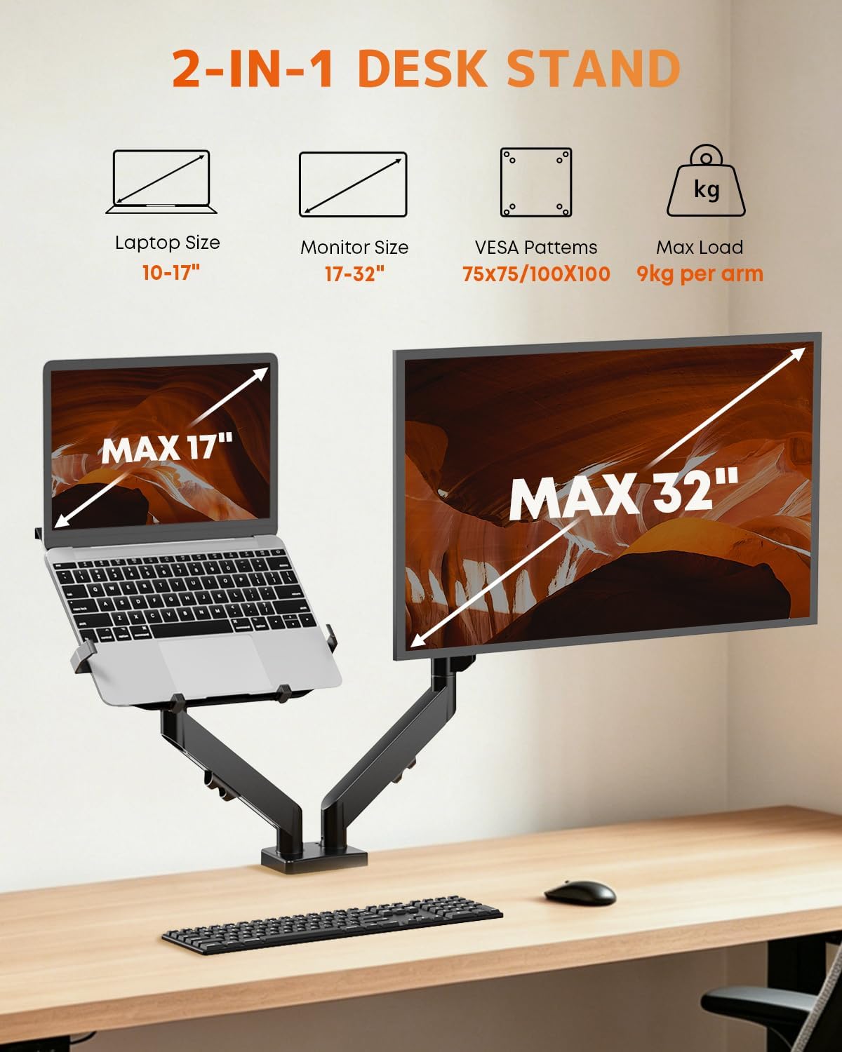 PUTORSEN Monitor and Laptop Arm for Max 32” Monitor and 17” Laptop