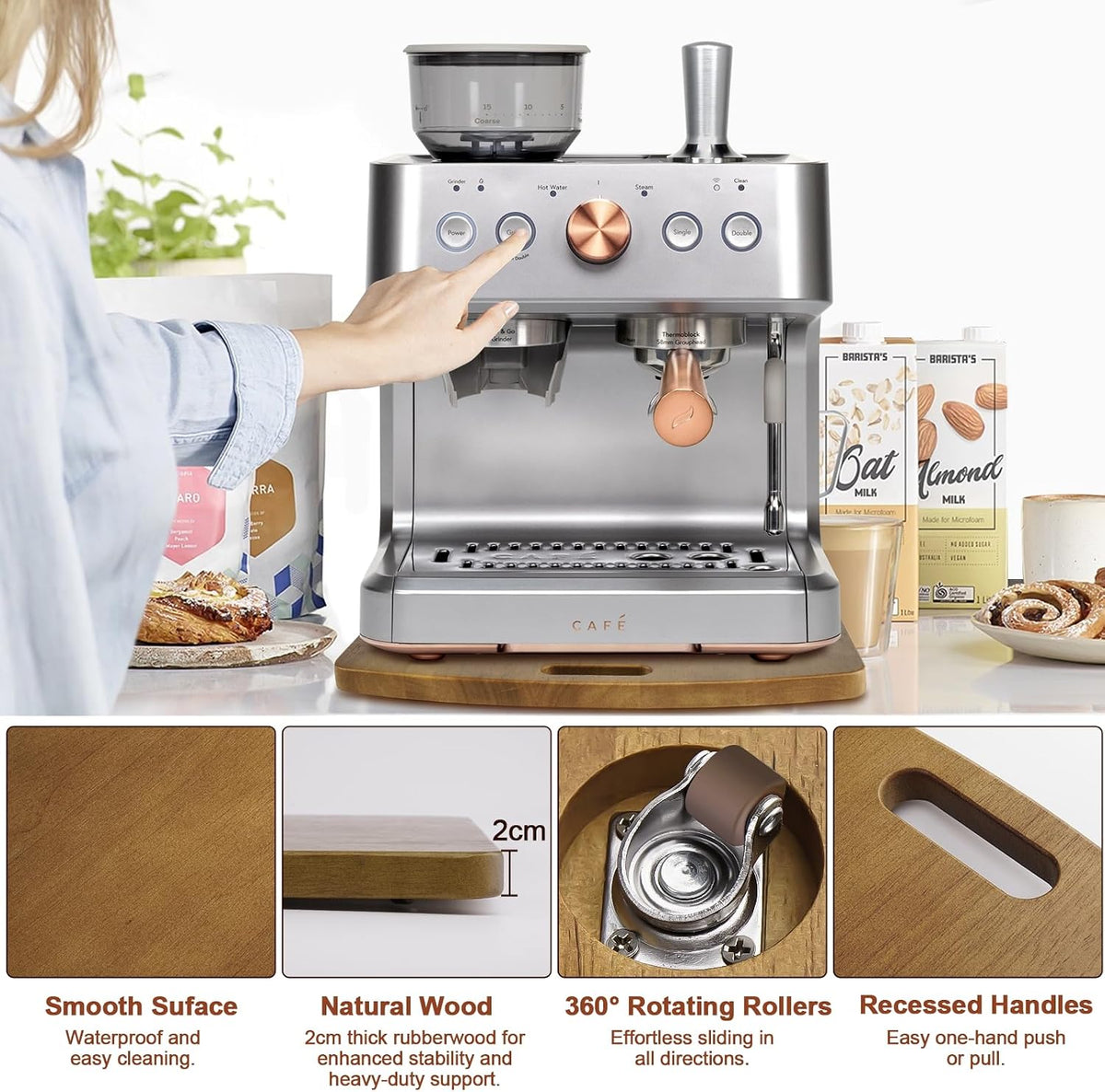 Sliding Tray for Coffee Maker - Solid Wooden Appliance Slider with 360° Smoot...