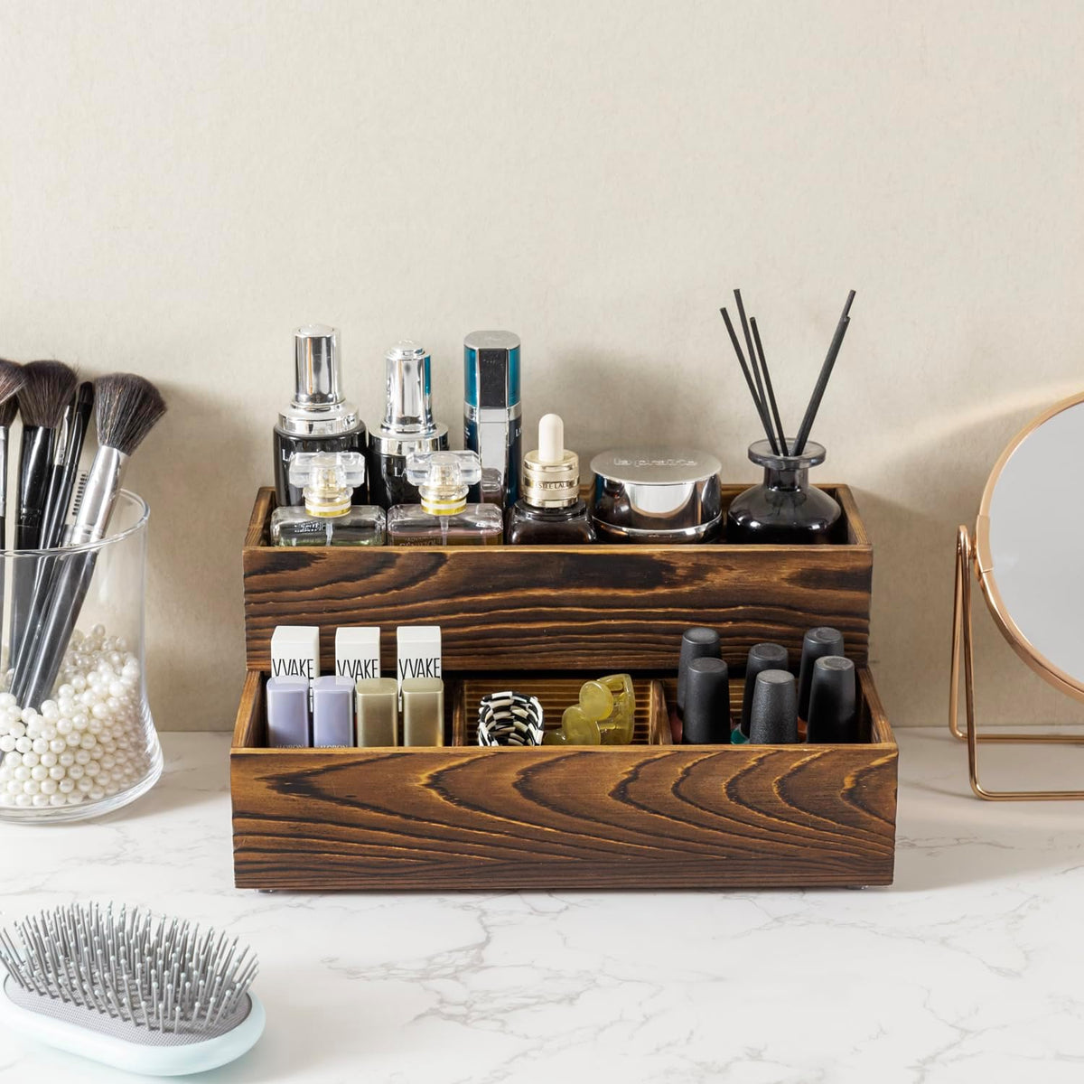 MyGift Counter Storage Organizer, 2 Tier Rustic Burnt Solid Wood Stackable Mo...